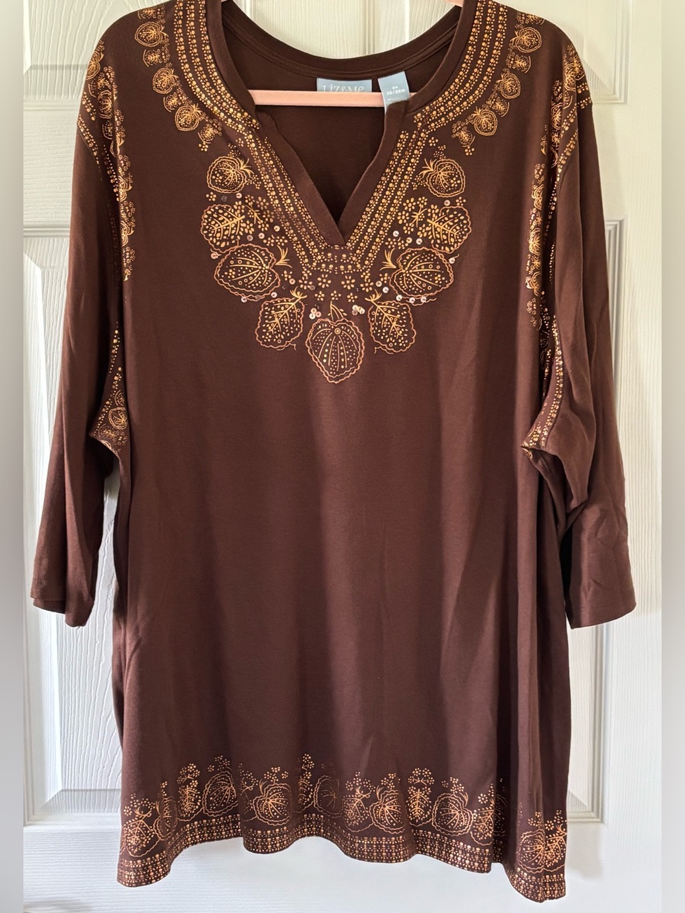 Liz & Me Brown Tunic with Gold Embroidered Trim 3X